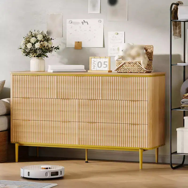 Comò a 7 cassetti per camera da letto, cassettiera in legno da 54W con maniglie dorate, comò scanalato come porta TV, cassettiere organizer per soggiorno