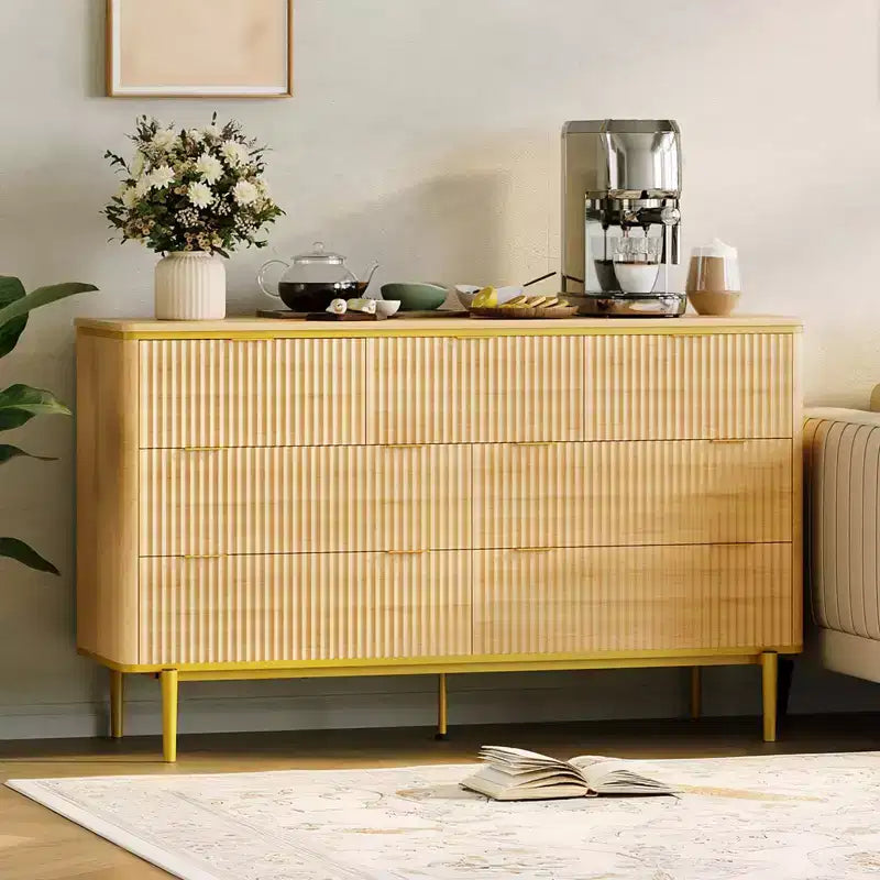 Comò a 7 cassetti per camera da letto, cassettiera in legno da 54W con maniglie dorate, comò scanalato come porta TV, cassettiere organizer per soggiorno