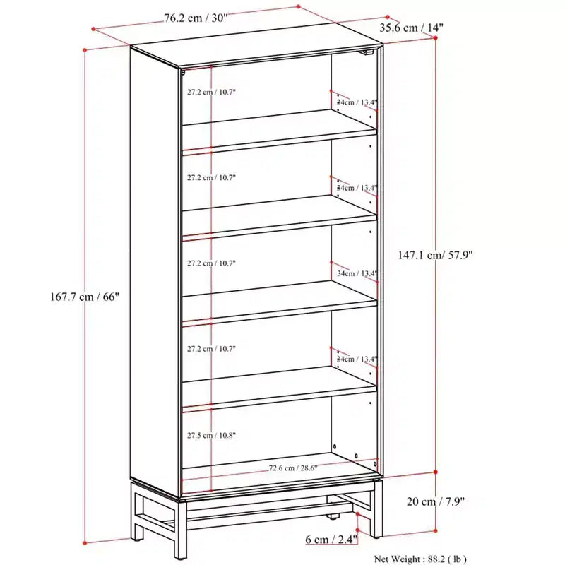 Libreria industriale a ripiani aperti, in legno massello e metallo, di 168 x 76 cm, rettangolare, stile moderno di metà secolo, color noce
