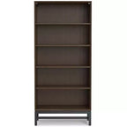 Libreria industriale a ripiani aperti, in legno massello e metallo, di 168 x 76 cm, rettangolare, stile moderno di metà secolo, color noce