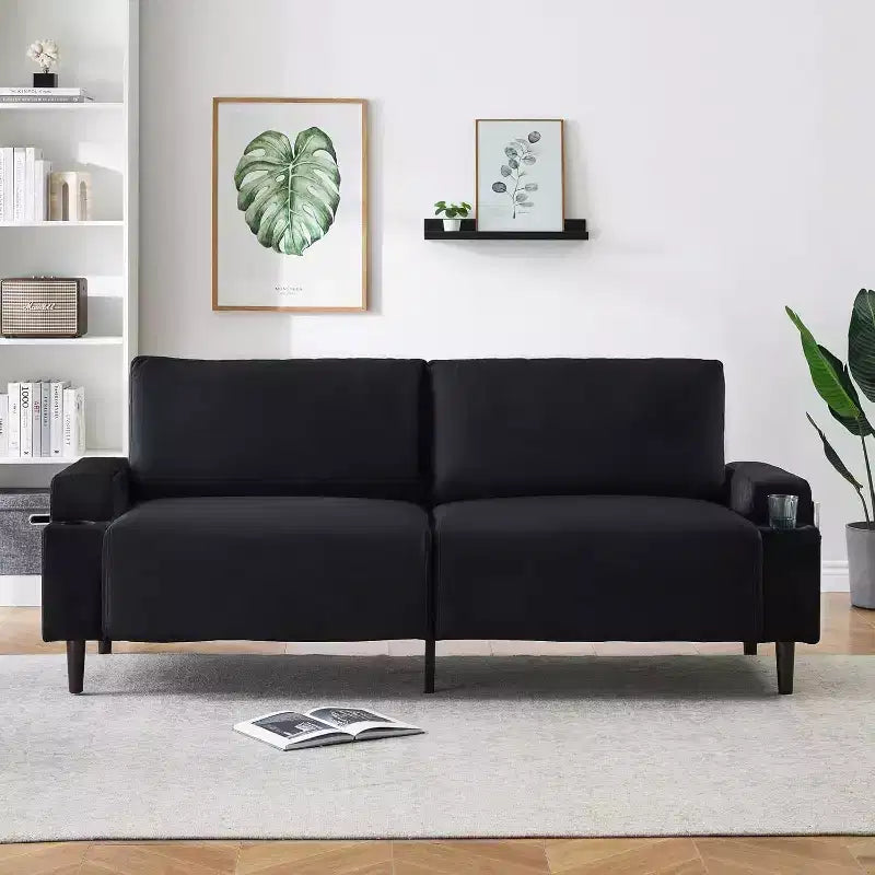 Sofa Couch for Living Room, Modern 2-Seater Deep Seating with Wood Leg, Storage Bag and Cup Holders, Upholstered Couches for Bedroom, Apartment