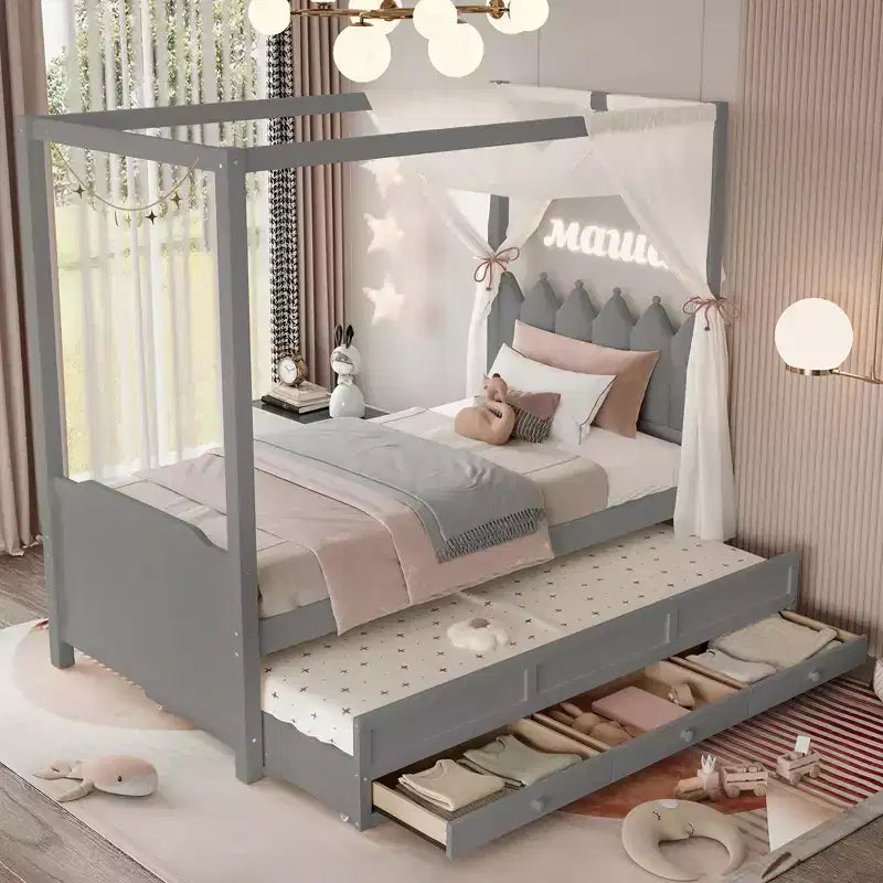 Letto a baldacchino per piattaforma letto in legno matrimoniale/a una piazza e mezza con testiera a corona imbottita, letto estraibile e 3 cassetti