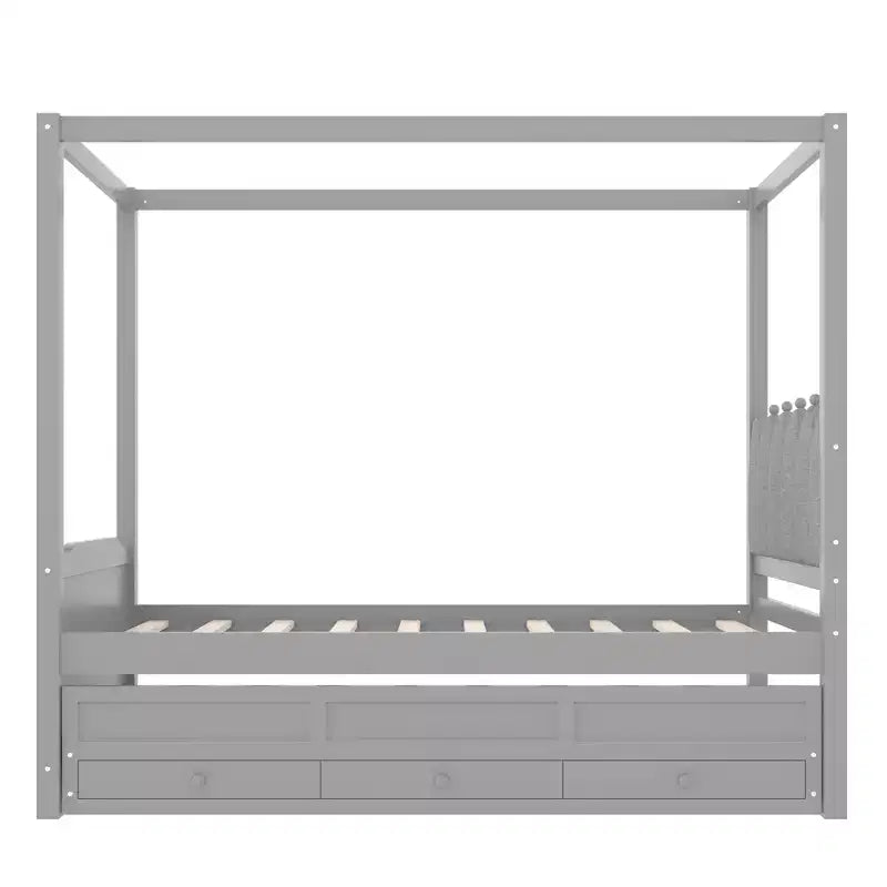 Letto a baldacchino per piattaforma letto in legno matrimoniale/a una piazza e mezza con testiera a corona imbottita, letto estraibile e 3 cassetti