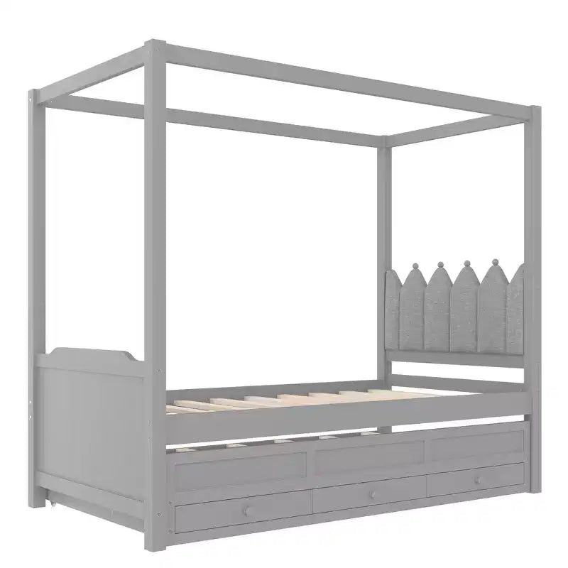 Letto a baldacchino per piattaforma letto in legno matrimoniale/a una piazza e mezza con testiera a corona imbottita, letto estraibile e 3 cassetti