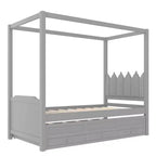 Letto a baldacchino per piattaforma letto in legno matrimoniale/a una piazza e mezza con testiera a corona imbottita, letto estraibile e 3 cassetti