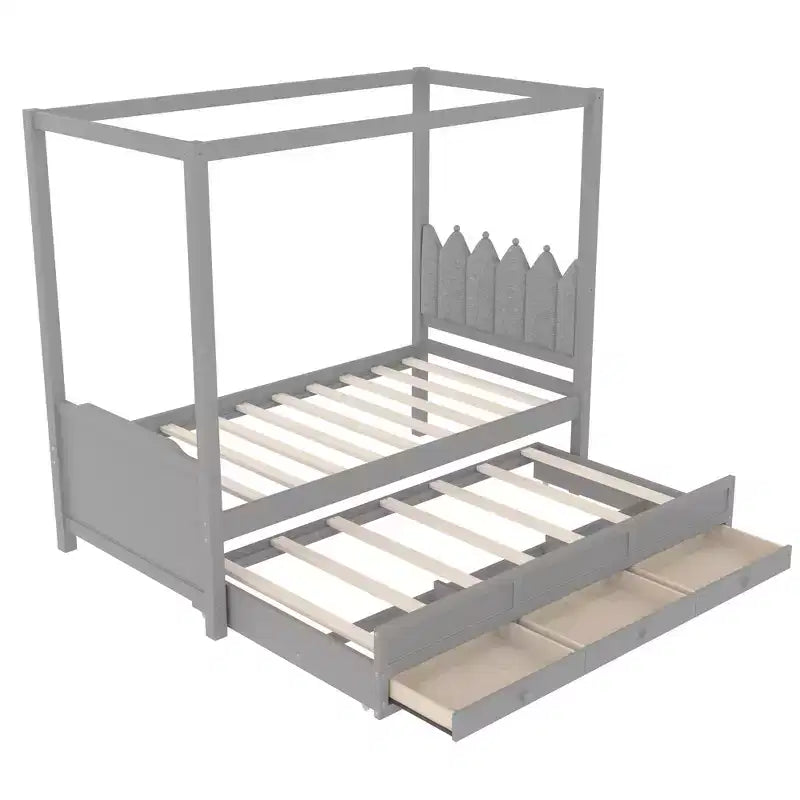 Letto a baldacchino per piattaforma letto in legno matrimoniale/a una piazza e mezza con testiera a corona imbottita, letto estraibile e 3 cassetti