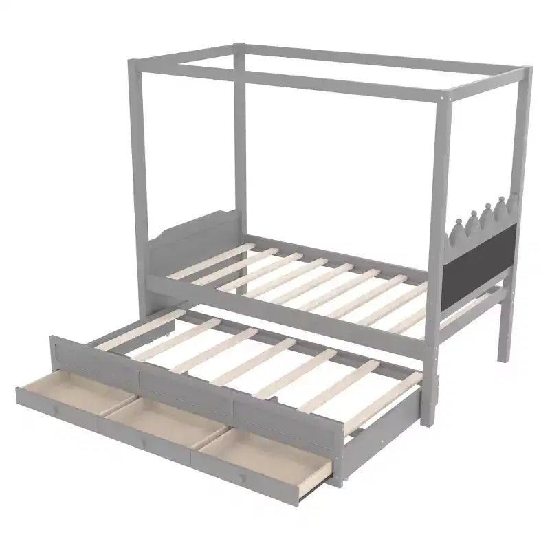 Letto a baldacchino per piattaforma letto in legno matrimoniale/a una piazza e mezza con testiera a corona imbottita, letto estraibile e 3 cassetti