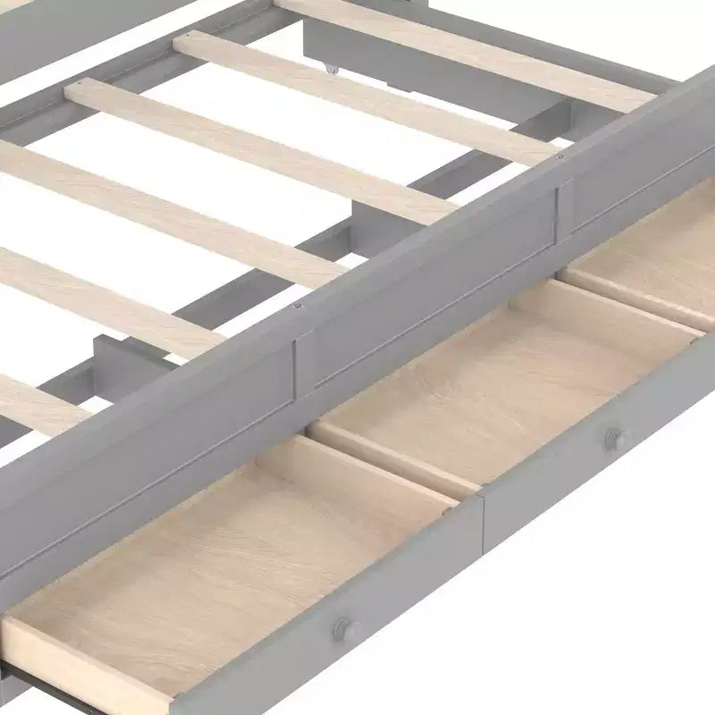 Letto a baldacchino per piattaforma letto in legno matrimoniale/a una piazza e mezza con testiera a corona imbottita, letto estraibile e 3 cassetti