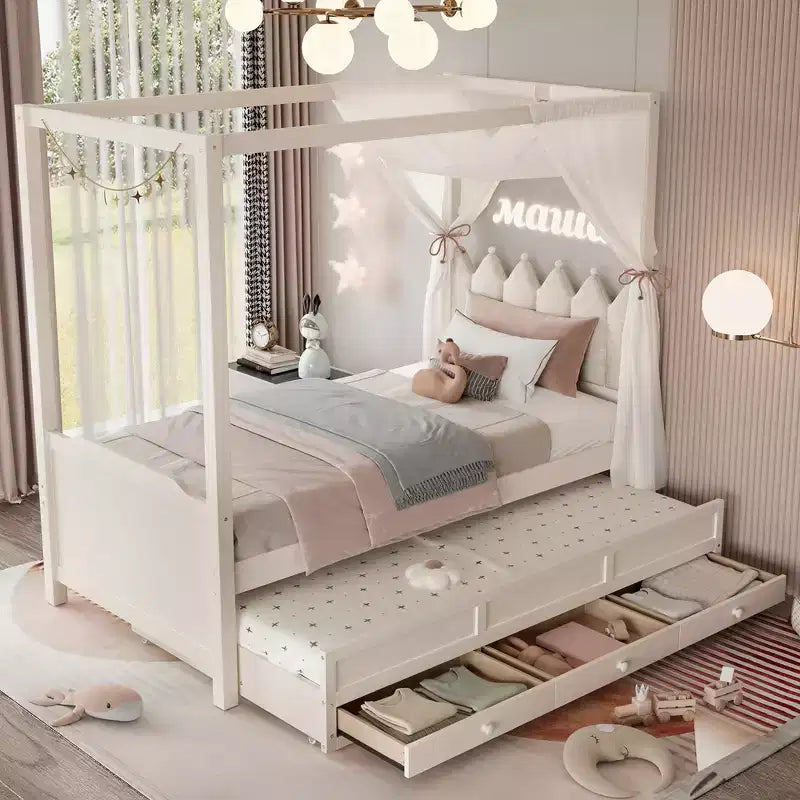 Letto a baldacchino per piattaforma letto in legno matrimoniale/a una piazza e mezza con testiera a corona imbottita, letto estraibile e 3 cassetti