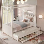 Letto a baldacchino per piattaforma letto in legno matrimoniale/a una piazza e mezza con testiera a corona imbottita, letto estraibile e 3 cassetti