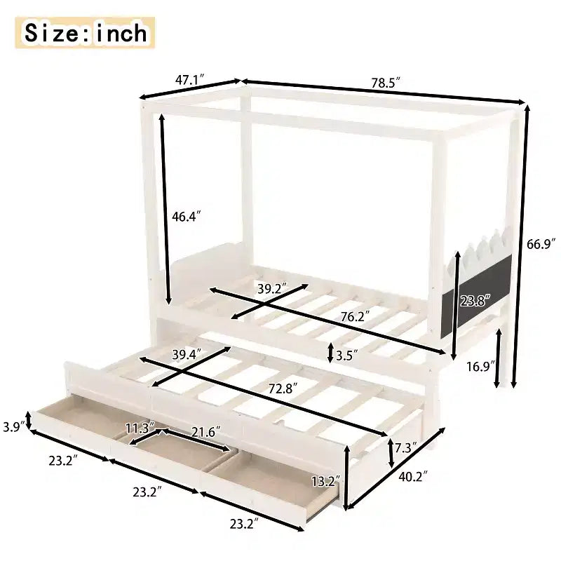 Letto a baldacchino per piattaforma letto in legno matrimoniale/a una piazza e mezza con testiera a corona imbottita, letto estraibile e 3 cassetti