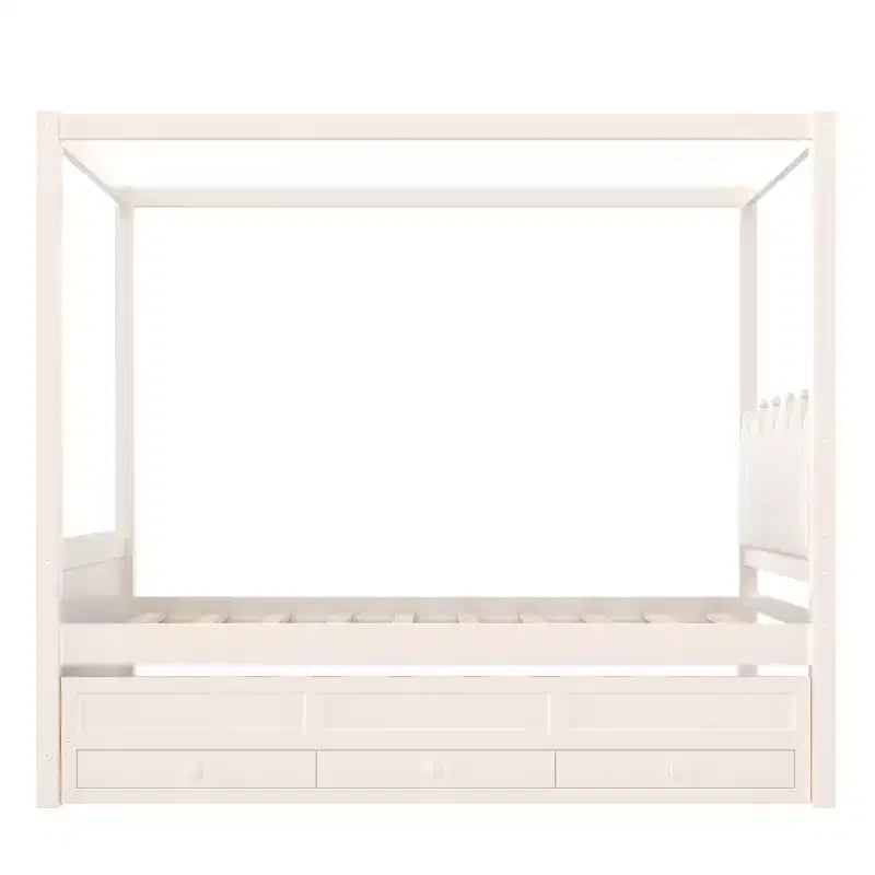 Letto a baldacchino per piattaforma letto in legno matrimoniale/a una piazza e mezza con testiera a corona imbottita, letto estraibile e 3 cassetti