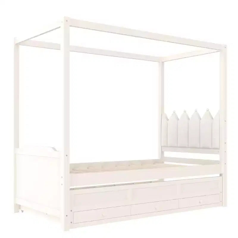 Letto a baldacchino per piattaforma letto in legno matrimoniale/a una piazza e mezza con testiera a corona imbottita, letto estraibile e 3 cassetti