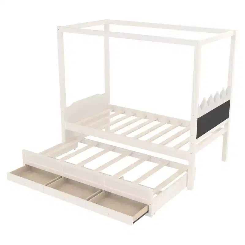 Letto a baldacchino per piattaforma letto in legno matrimoniale/a una piazza e mezza con testiera a corona imbottita, letto estraibile e 3 cassetti