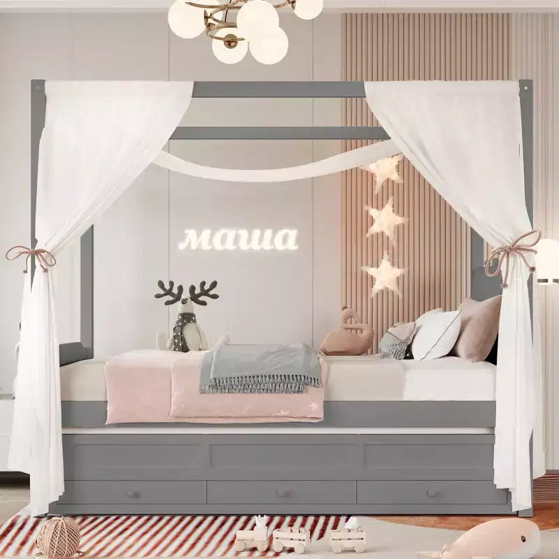 Letto a baldacchino per piattaforma letto in legno matrimoniale/a una piazza e mezza con testiera a corona imbottita, letto estraibile e 3 cassetti