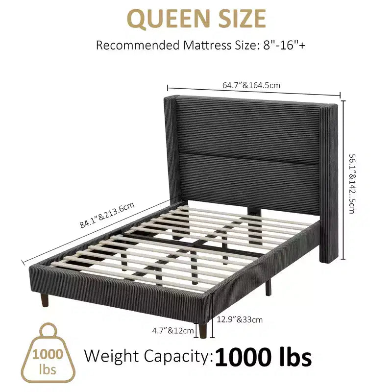 Letto a piattaforma imbottito Queen Size, letto Wingback con testiera da 56,1", velluto a coste/gambe in legno massello/nessuna necessità di rete a molle/senza rumore