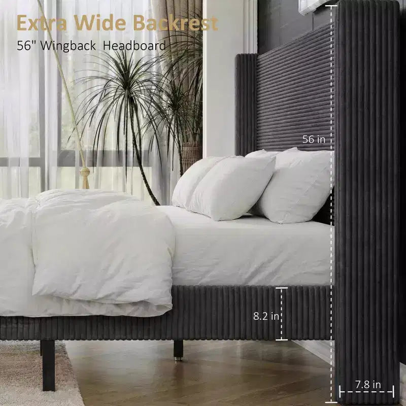 Letto a piattaforma imbottito Queen Size, letto Wingback con testiera da 56,1", velluto a coste/gambe in legno massello/nessuna necessità di rete a molle/senza rumore