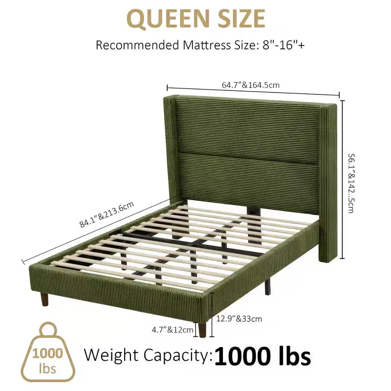 Letto a piattaforma imbottito Queen Size, letto Wingback con testiera da 56,1", velluto a coste/gambe in legno massello/nessuna necessità di rete a molle/senza rumore