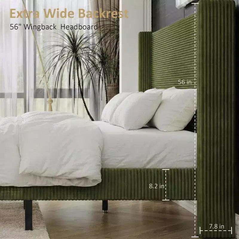 Letto a piattaforma imbottito Queen Size, letto Wingback con testiera da 56,1", velluto a coste/gambe in legno massello/nessuna necessità di rete a molle/senza rumore