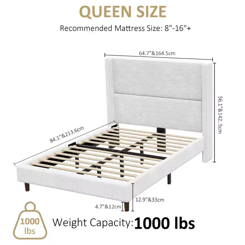 Letto a piattaforma imbottito Queen Size, letto Wingback con testiera da 56,1", velluto a coste/gambe in legno massello/nessuna necessità di rete a molle/senza rumore