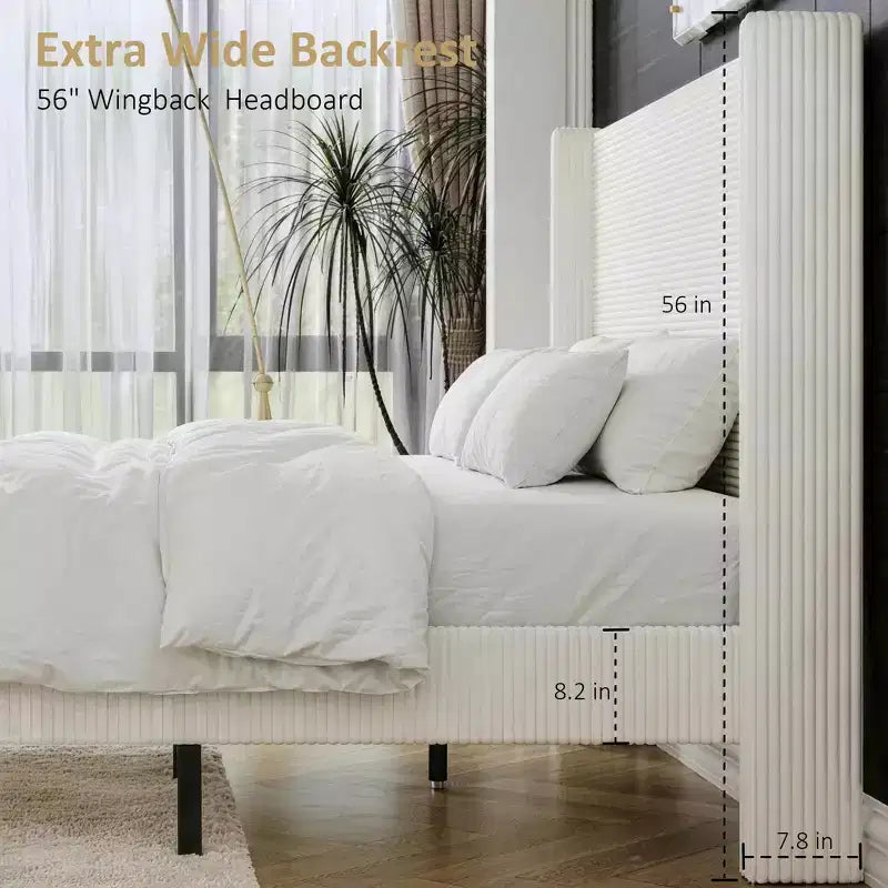 Letto a piattaforma imbottito Queen Size, letto Wingback con testiera da 56,1", velluto a coste/gambe in legno massello/nessuna necessità di rete a molle/senza rumore