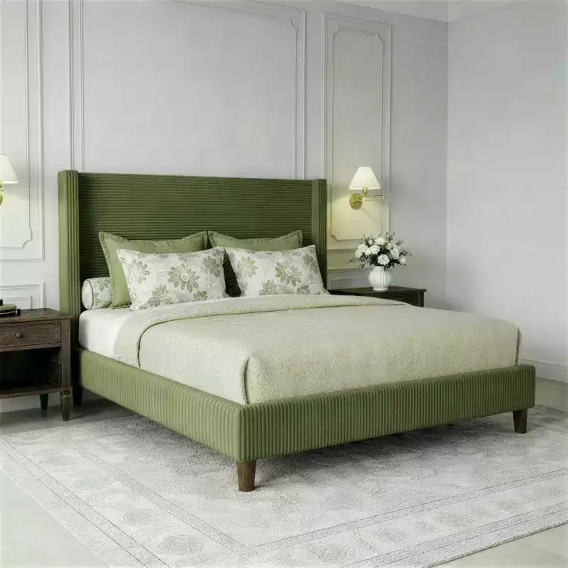 Letto a piattaforma imbottito Queen Size, letto Wingback con testiera da 56,1", velluto a coste/gambe in legno massello/nessuna necessità di rete a molle/senza rumore