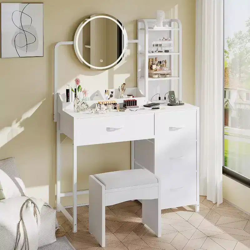 Piccola scrivania da trucco con specchio rotondo illuminato e presa di corrente, moderno tavolino da trucco con 4 cassetti in tessuto e 3 ripiani, per camera da letto