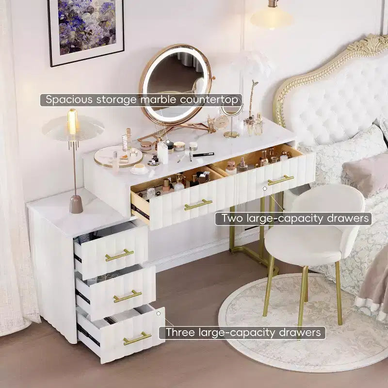 Toeletta con Sgabello Rivestita in Velluto, Set Toeletta Trucco con 5 Grandi Cassetti, Set Tavolo e Sedia da Trucco per la Camera da Letto delle Ragazze