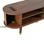 Mobile TV ovale scanalato in legno di noce, console multimediale di metà secolo con stazione di ricarica per TV da 80 pollici
