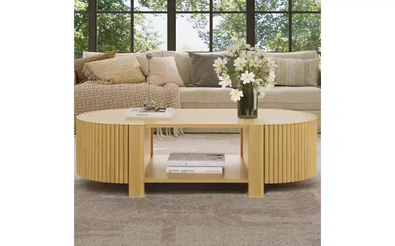 JVNOXK 47-inch oval grooved coffee table, suitable for living rooms, solid rubberwood construction with 1 shelf and 2 storage doors, natural wood