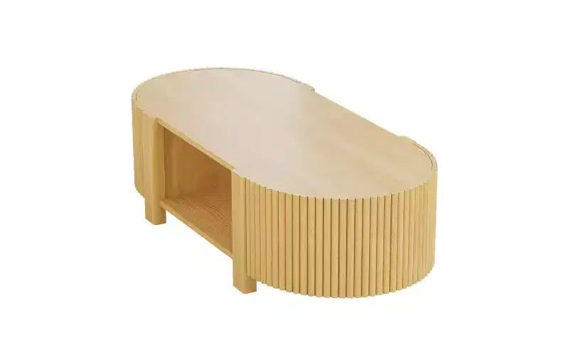 Tavolino da caffè ovale scanalato da 47 pollici, adatto per salotti, struttura in legno massello di gomma con 1 ripiano e 2 ante, legno naturale