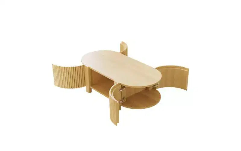 Tavolino da caffè ovale scanalato da 47 pollici, adatto per salotti, struttura in legno massello di gomma con 1 ripiano e 2 ante, legno naturale