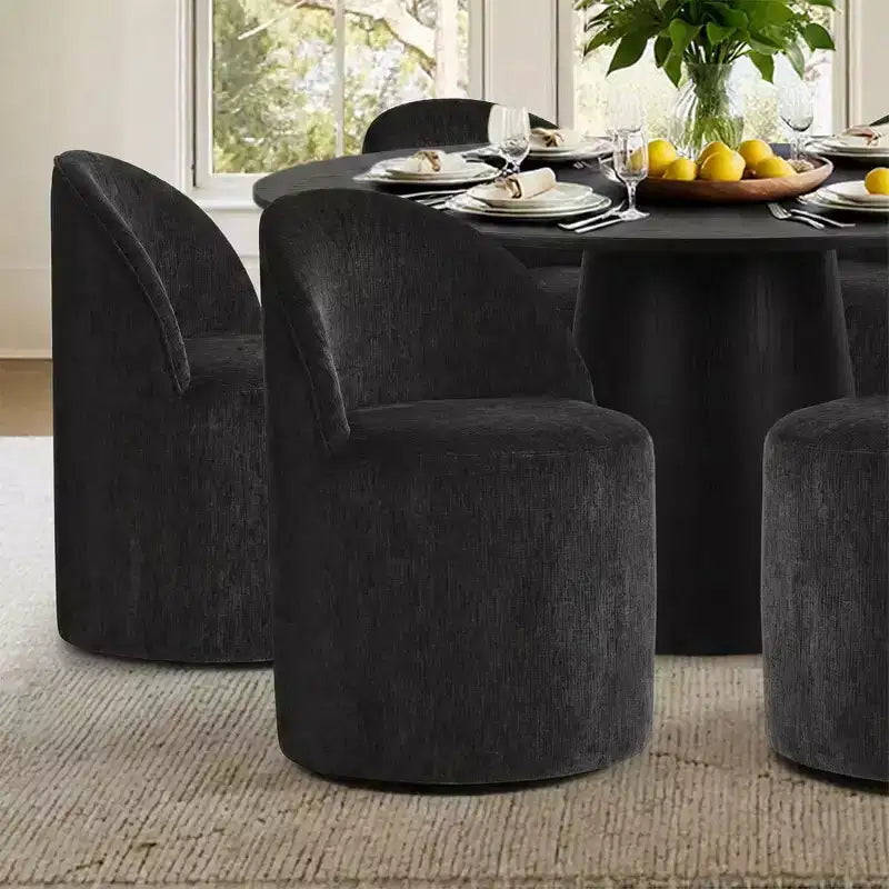 Tavolo da pranzo rotondo moderno per 6 persone, tavolo da pranzo con piedistallo nero, sedie a botte girevoli in ciniglia con ruote