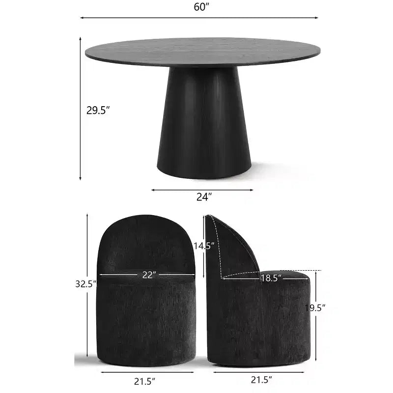 Tavolo da pranzo rotondo moderno per 6 persone, tavolo da pranzo con piedistallo nero, sedie a botte girevoli in ciniglia con ruote