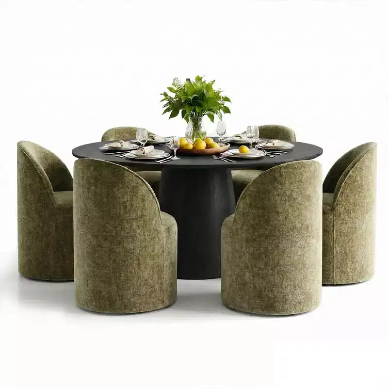 Tavolo da pranzo rotondo moderno per 6 persone, tavolo da pranzo con piedistallo nero, sedie a botte girevoli in ciniglia con ruote