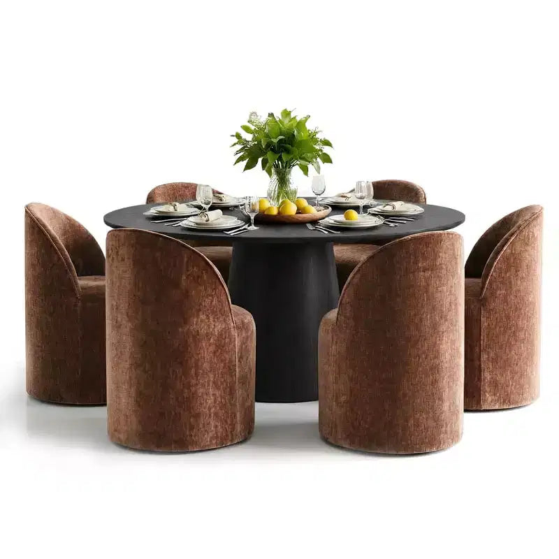 Tavolo da pranzo rotondo moderno per 6 persone, tavolo da pranzo con piedistallo nero, sedie a botte girevoli in ciniglia con ruote