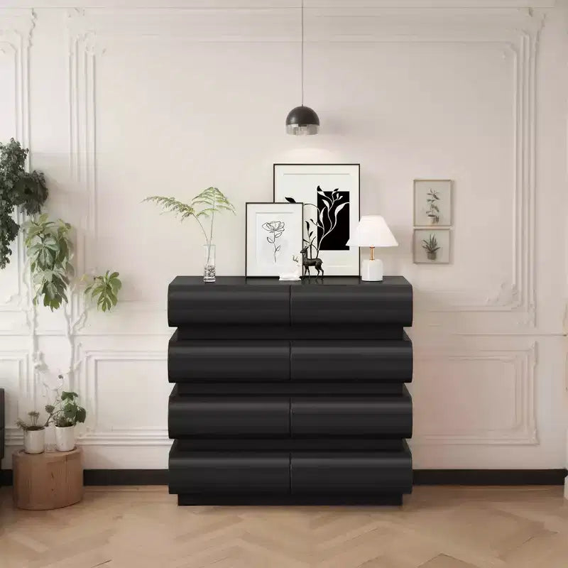 Comodino da camera con 8 cassetti, nero, senza maniglie, moderno, 8 cassetti con ampio spazio di archiviazione