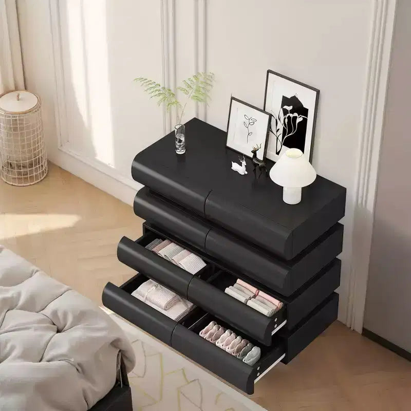 Comodino da camera con 8 cassetti, nero, senza maniglie, moderno, 8 cassetti con ampio spazio di archiviazione