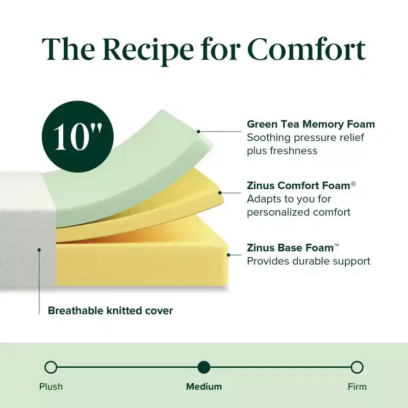 Materasso in Memory Foam al Tè Verde, Queen Size da 10 Pollici, Senza Fibra di Vetro, Sostegno Medio-Rigido, Sollievo dalla Pressione Zonato, Schiume e Tessuto Certificati Sicuri.