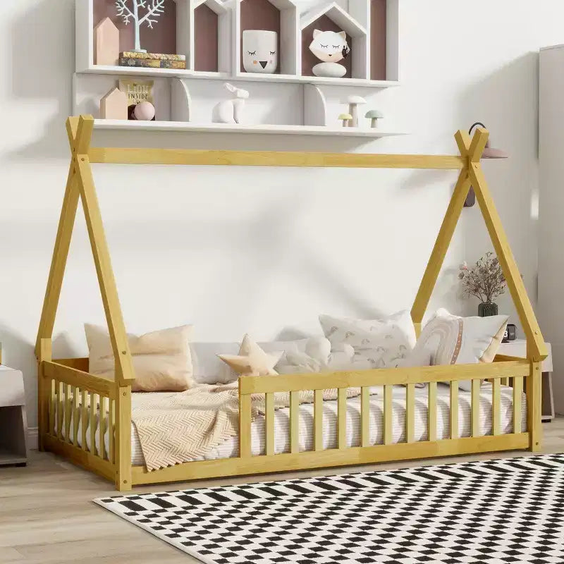 Letto a pavimento a forma di tenda, misura singola, con sponde di sicurezza e doghe
