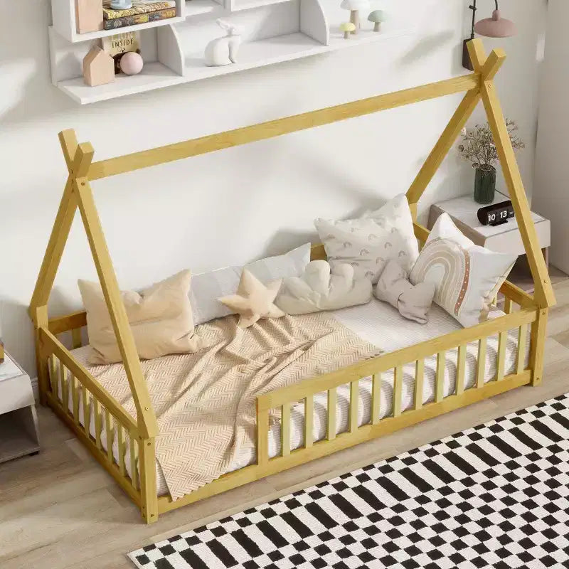Letto a pavimento a forma di tenda, misura singola, con sponde di sicurezza e doghe