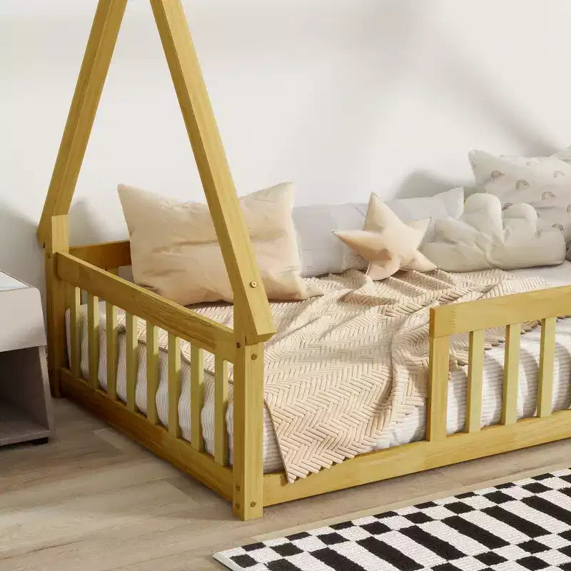 Letto a pavimento a forma di tenda, misura singola, con sponde di sicurezza e doghe