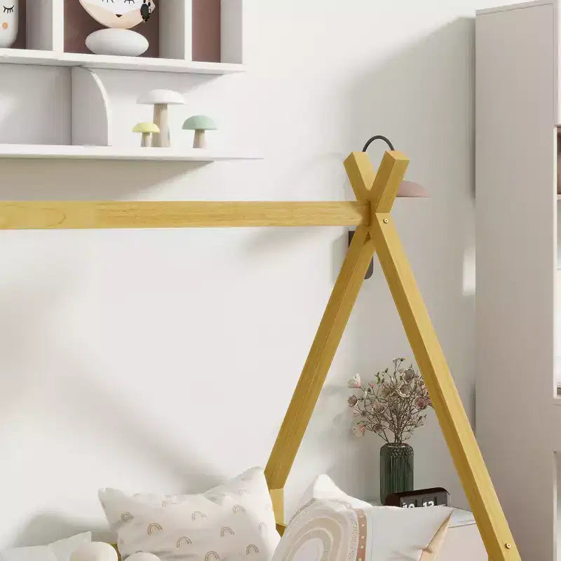 Letto a pavimento a forma di tenda, misura singola, con sponde di sicurezza e doghe