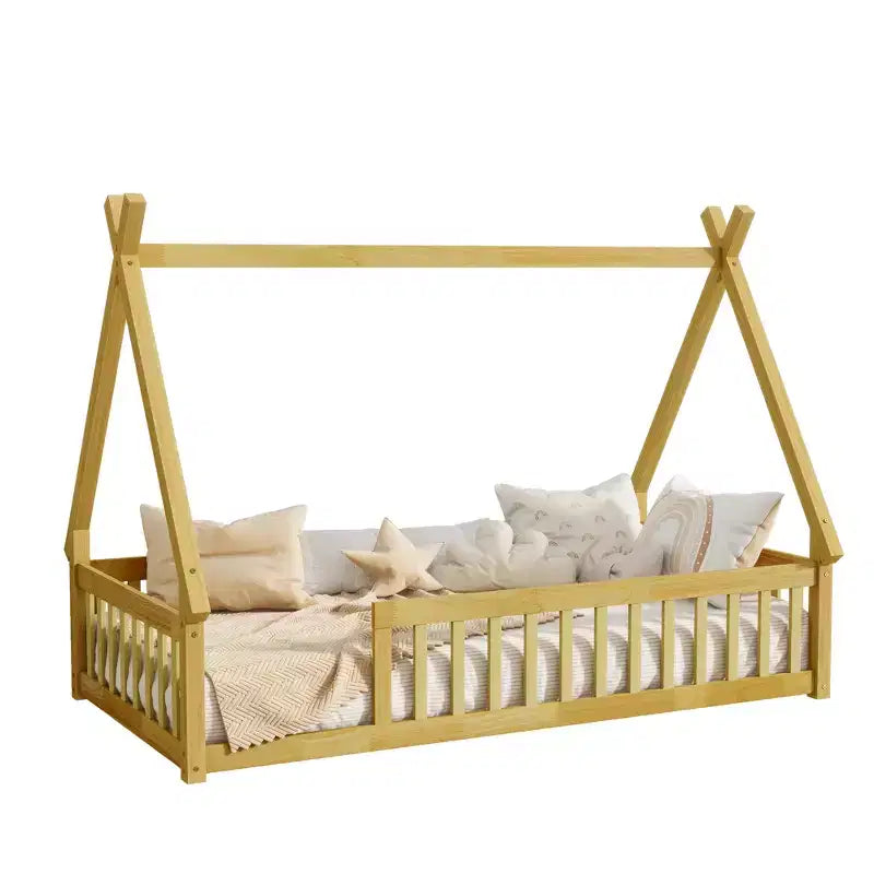Letto a pavimento a forma di tenda, misura singola, con sponde di sicurezza e doghe