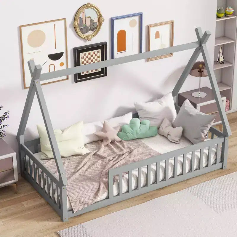 Letto a pavimento a forma di tenda, misura singola, con sponde di sicurezza e doghe