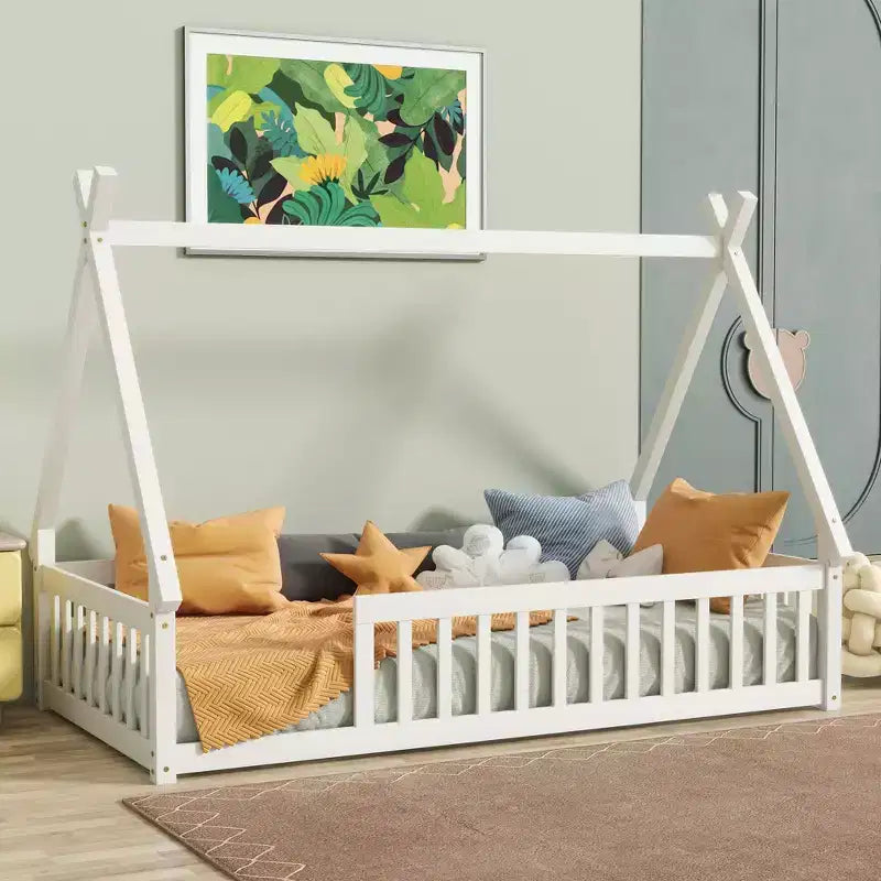 Letto a pavimento a forma di tenda, misura singola, con sponde di sicurezza e doghe
