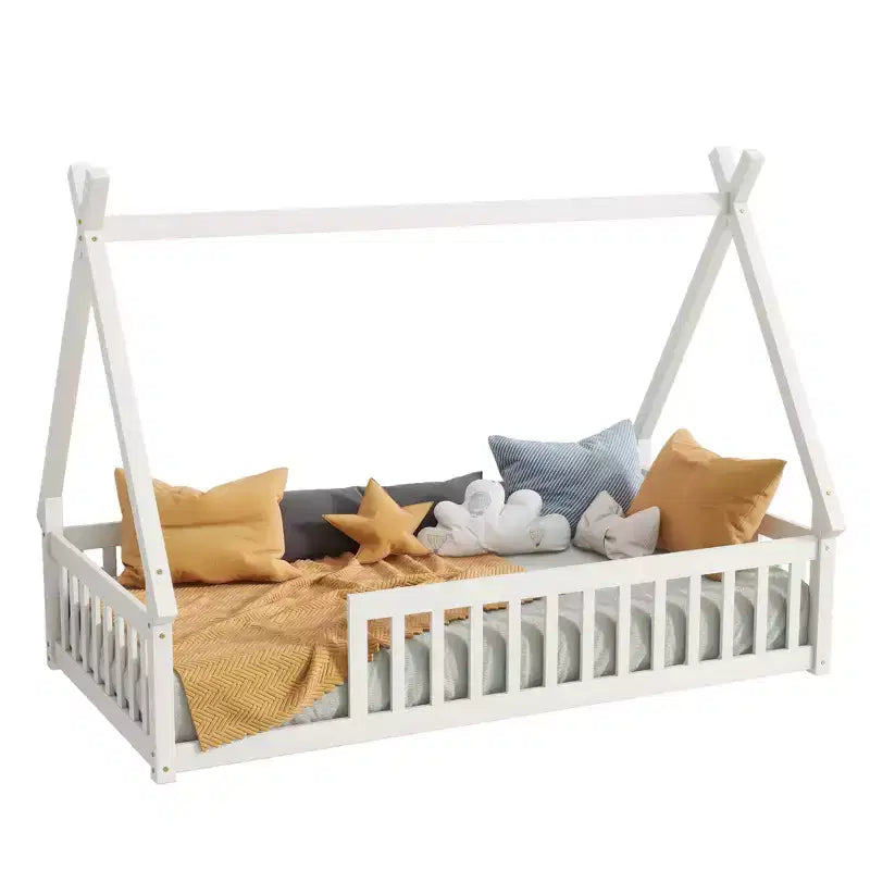 Letto a pavimento a forma di tenda, misura singola, con sponde di sicurezza e doghe