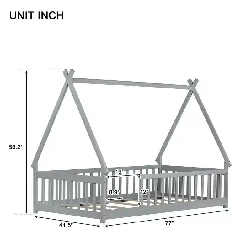 Letto a pavimento a forma di tenda, misura singola, con sponde di sicurezza e doghe
