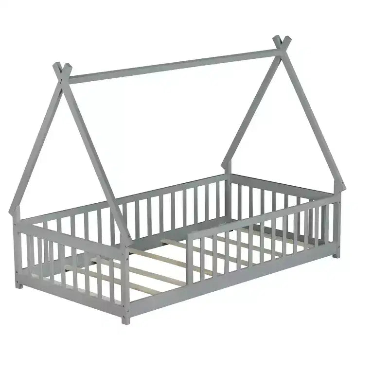 Letto a pavimento a forma di tenda, misura singola, con sponde di sicurezza e doghe