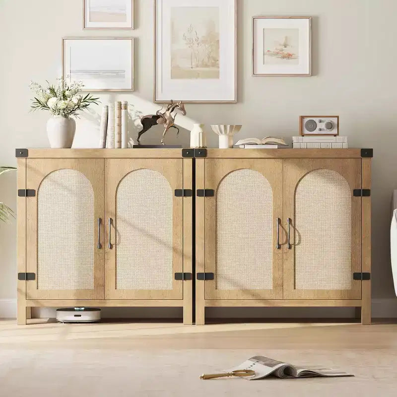 Mobile credenza in rattan, buffet contenitore rustico con inserti in legno in stile bohémien, perfetto angolo caffè per cucina, sala da pranzo e soggiorno, corridoio
